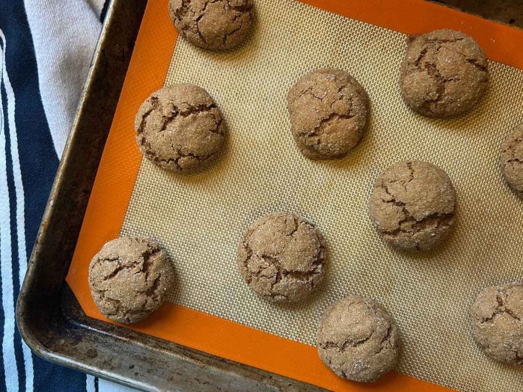 tray of baked sourdough molasses cookies