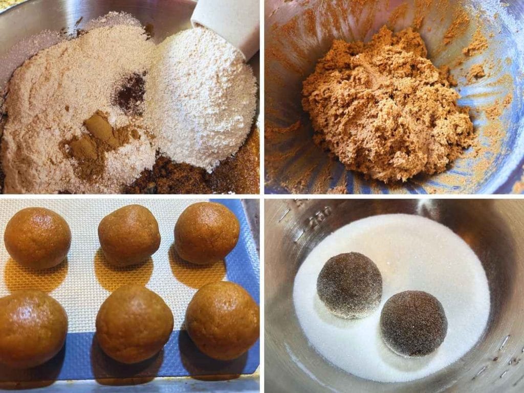 process shots of mixing dry ingredients into cookie batter and rolling into balls