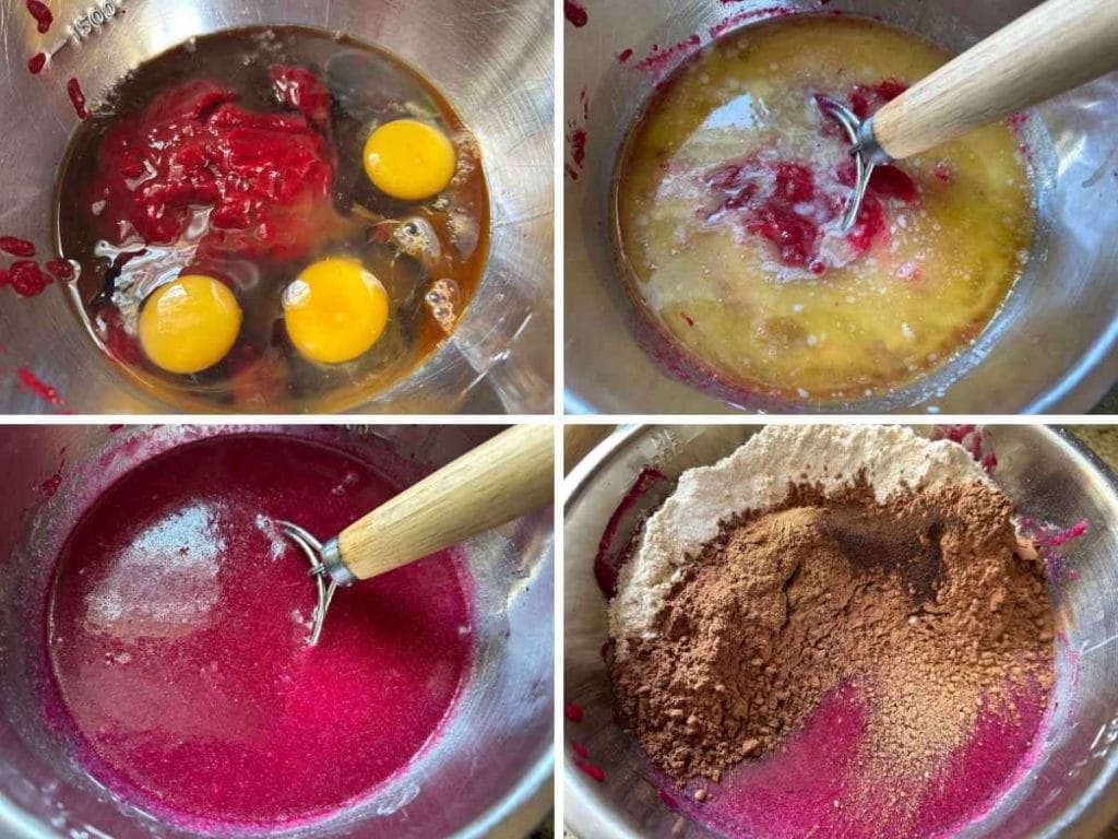 process showing how to mix beet puree with other wet ingredients, then adding in flour and cocoa powder