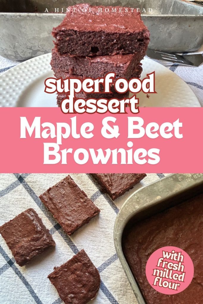 pinterest image for maple and beet brownies with images of the cut and stacked brownie squares