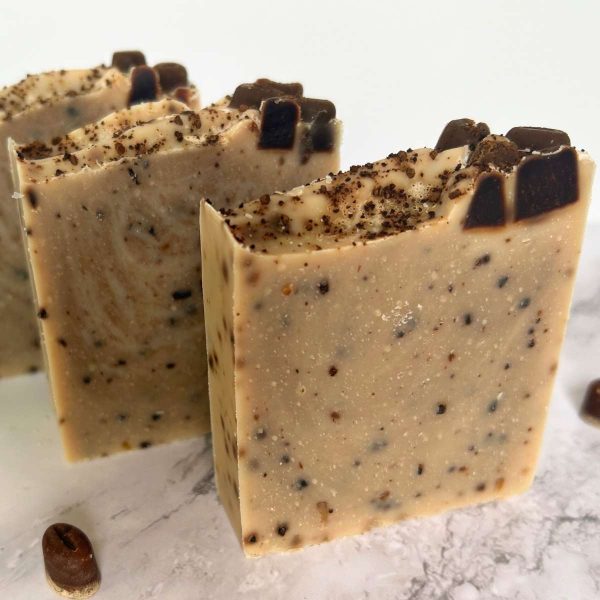 close up view of coffee scrub tallow soap bars