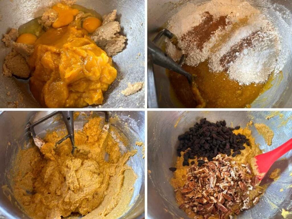 A collage of four photos showing the process of making a batter for muffins.