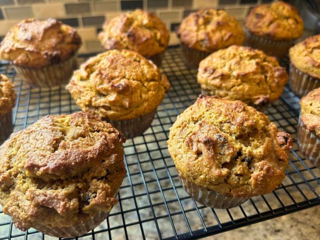 Pumpkin nut muffins cooling on a wire rack