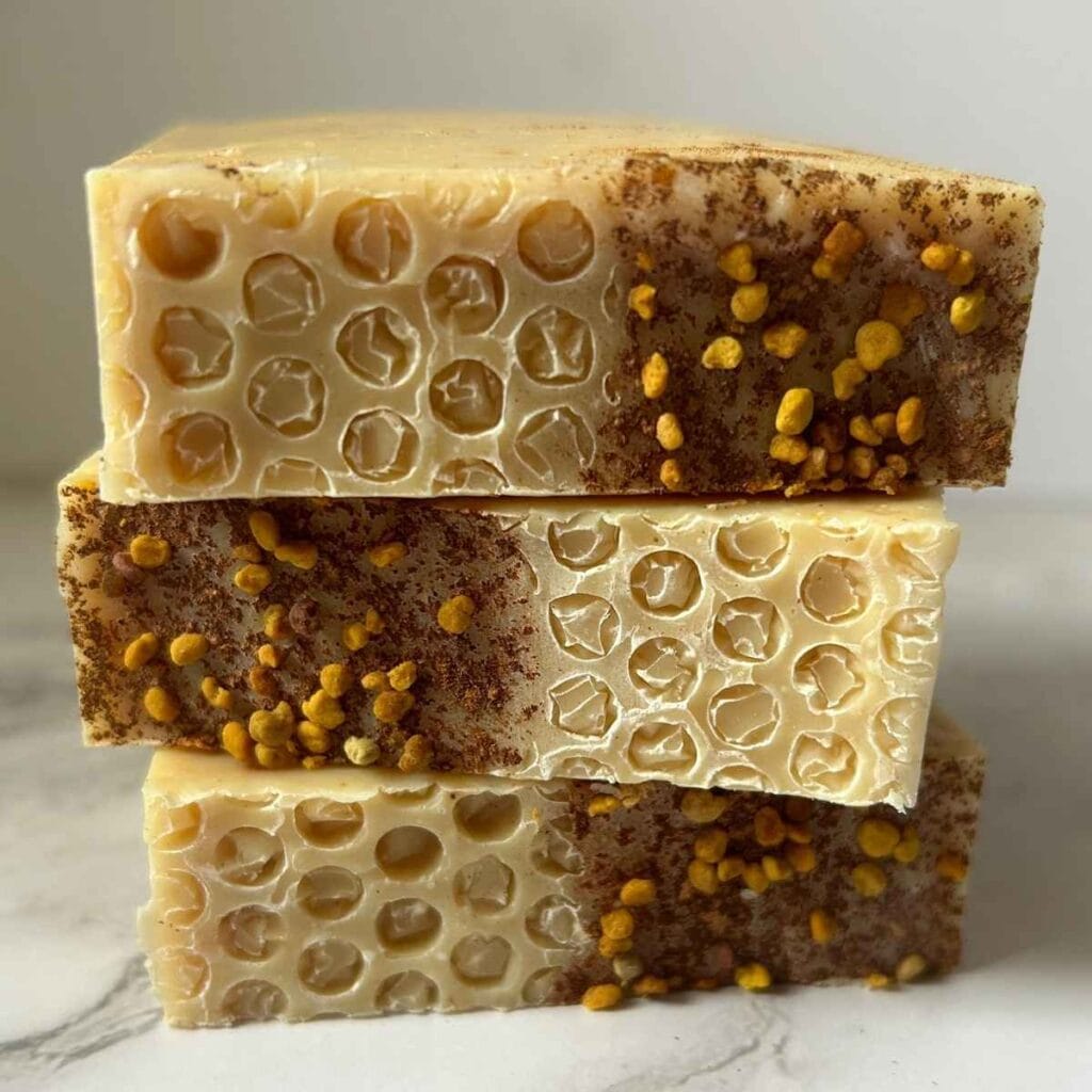 three bars of spiced honey vanilla tallow soap stacked up