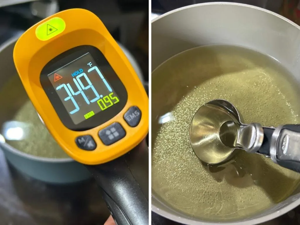 infrared thermometer taking the temperature of hot lard and a scoop being dipped in oil