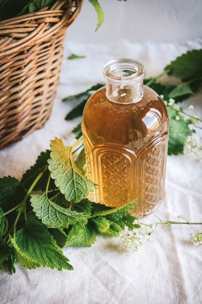 bottle of lemon balm simple syrup next to leaves