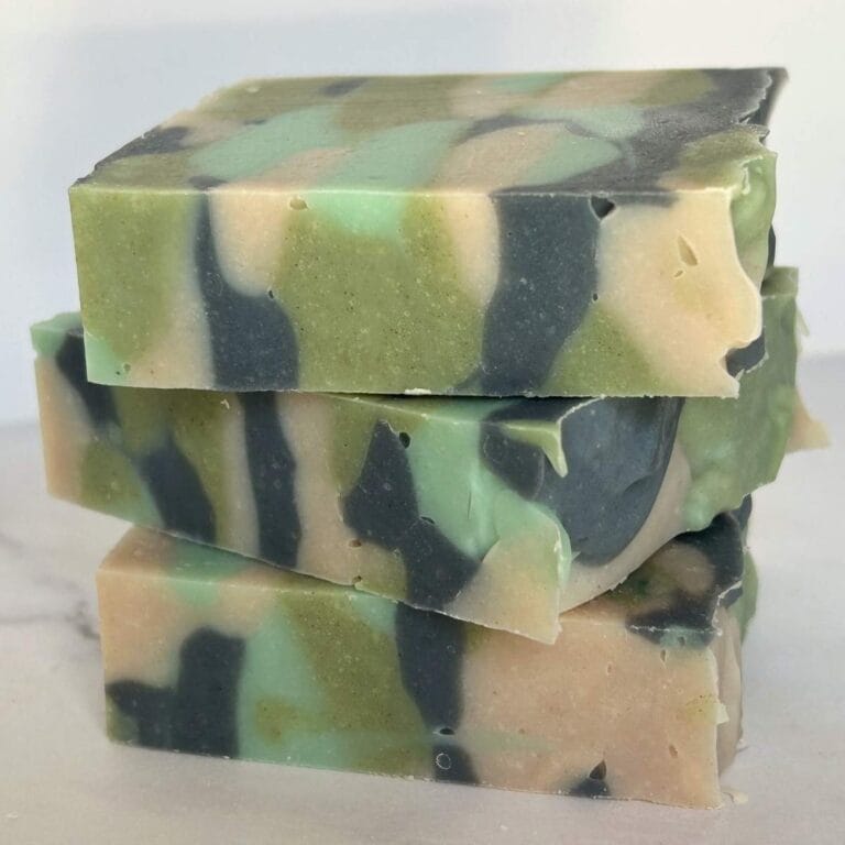 three bars of camo patterned soap stacked up