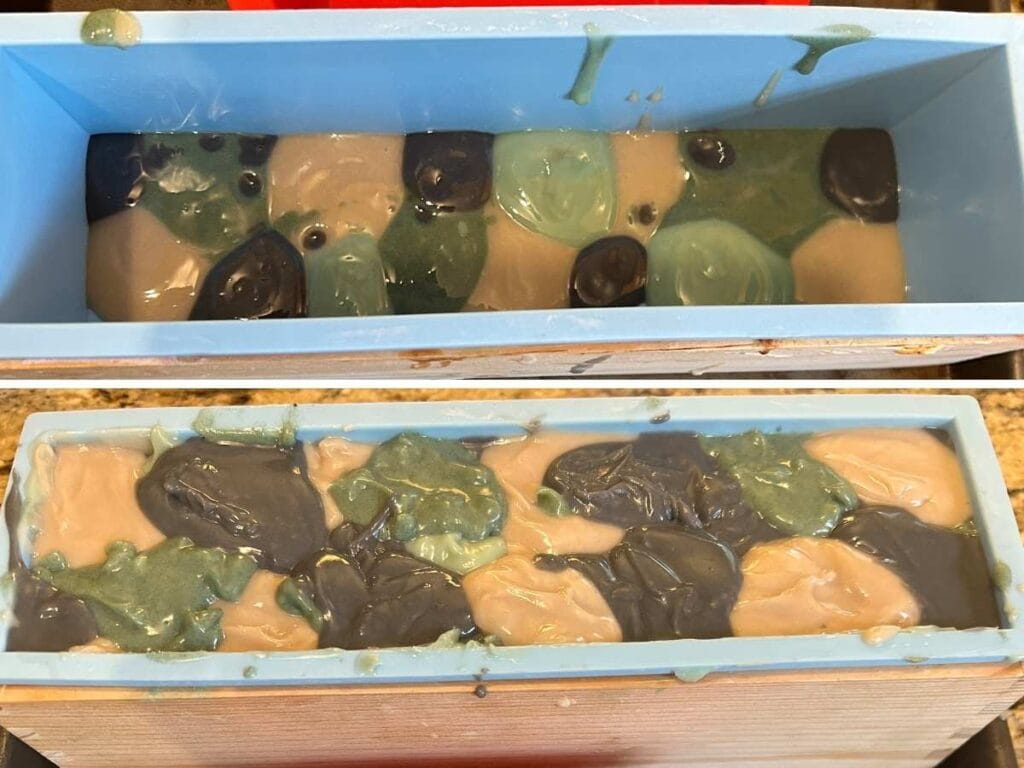process shots showing how to make a camo pattern in a mold with soap batter