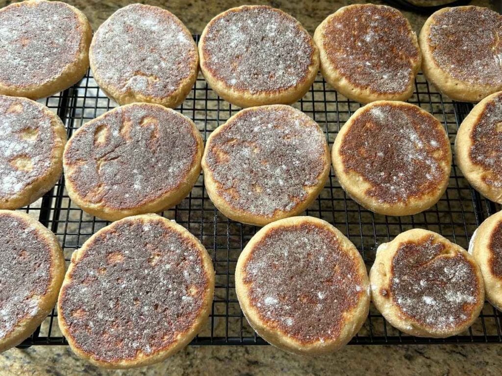 cooling rack with homemade English muffins