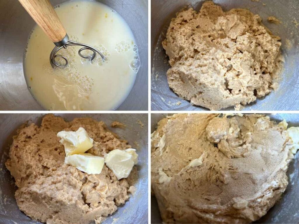 process shots mixing dough with butter and then yeast