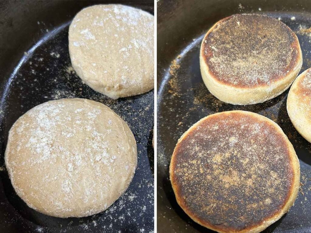 side by side comparison shots of precooked and cooked english muffins on a cast iron pan