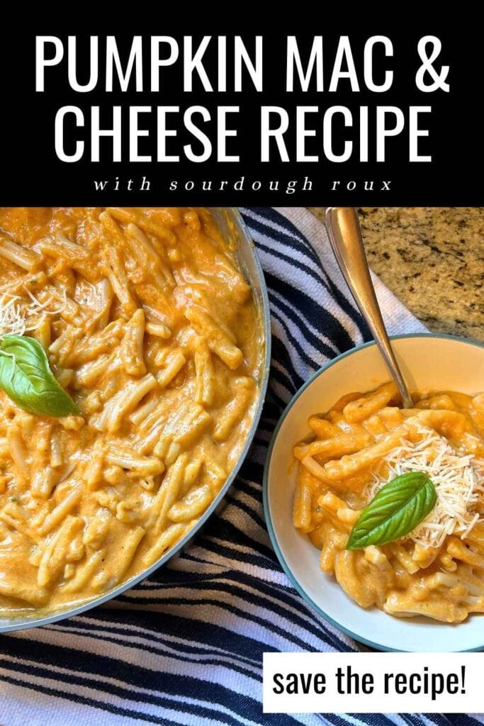 skillet and bowl full of pumpkin mac and cheese for a save the recipe pinterest image