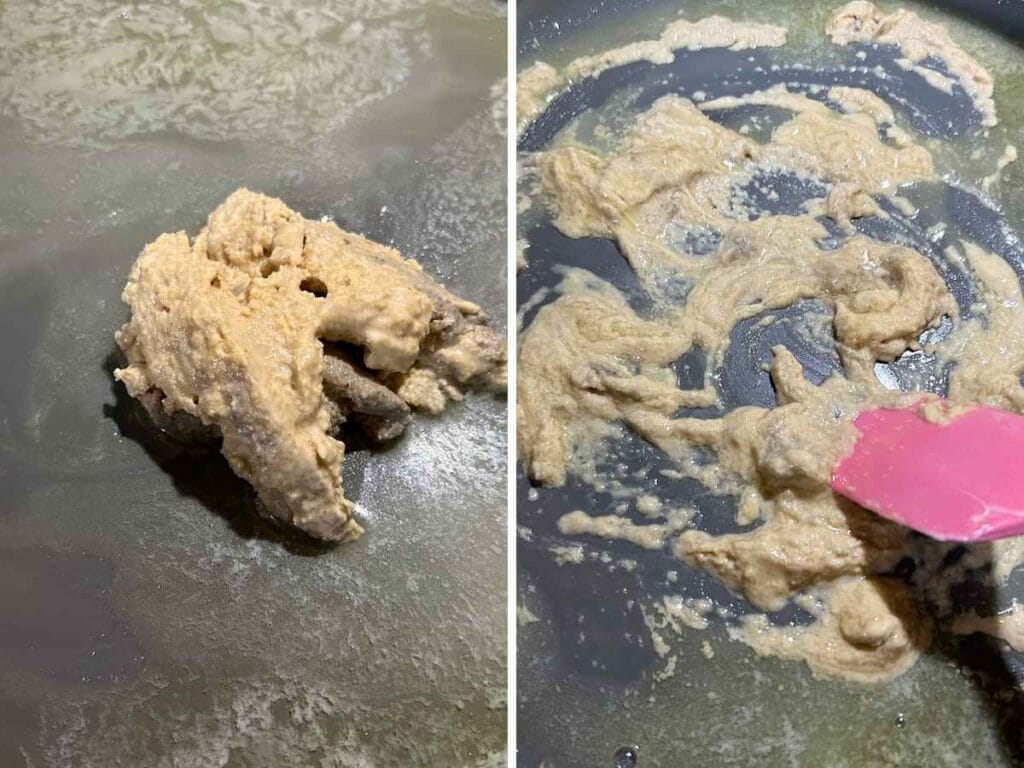 melted butter and sourdough starter in a hot skillet stirring to make a roux
