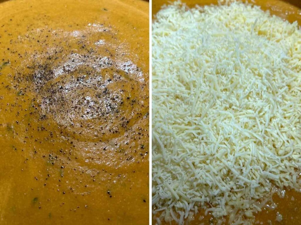pumpkin sauce with cheese being added to make mac and cheese