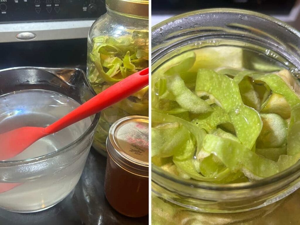 sugar water mixtures next to jar of apple peels and apple scarp vinegar with a close up of the peels covered in liquid