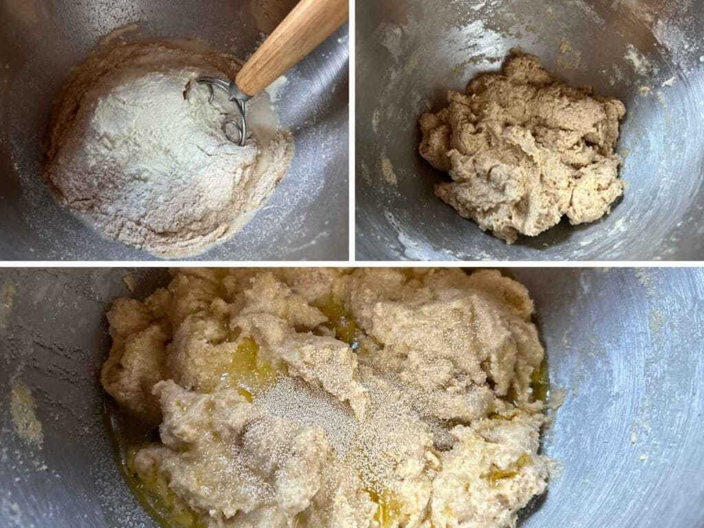 steps showing how to add flour to water for making ciabatta bread dough before adding oil, salt, and yeast