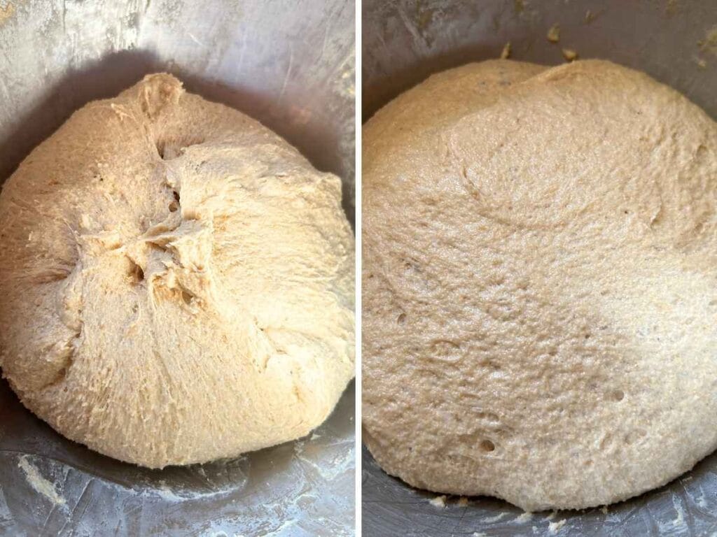 comparison shots of kneaded dough versus risen dough in a mixing bowl