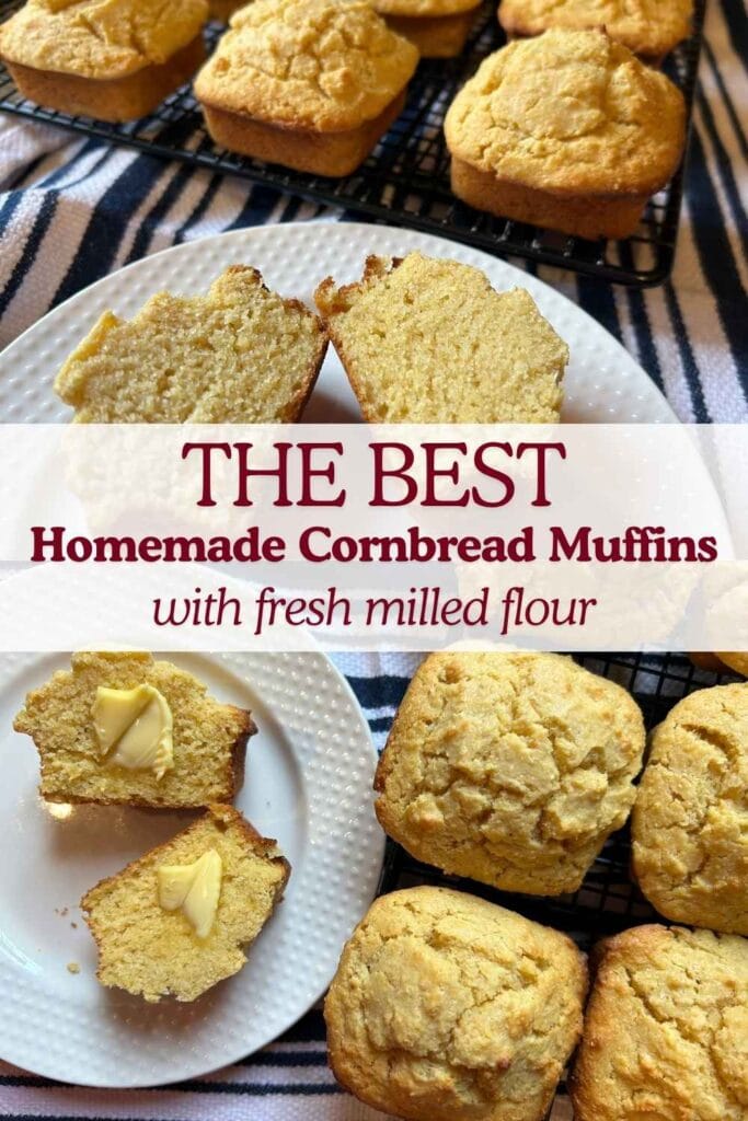 a halved cornbread muffin with butter pats on each side on a plate next to a few whole muffins for pinterest image