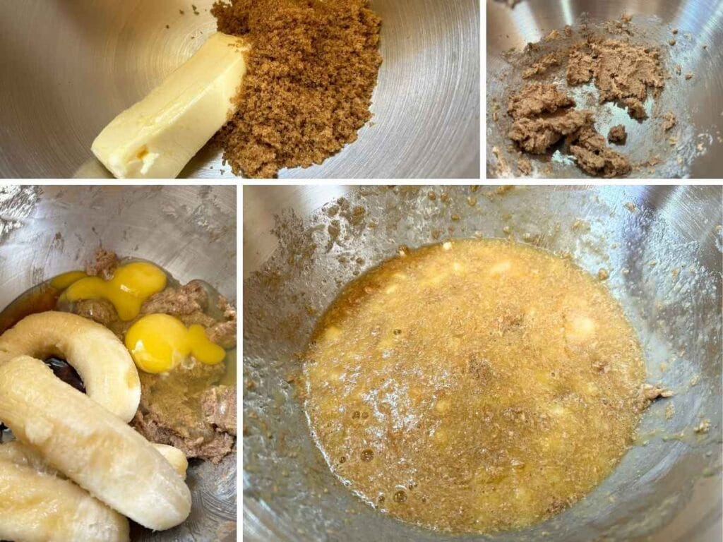 process shots of mixing the wet ingredients for banana bread batter