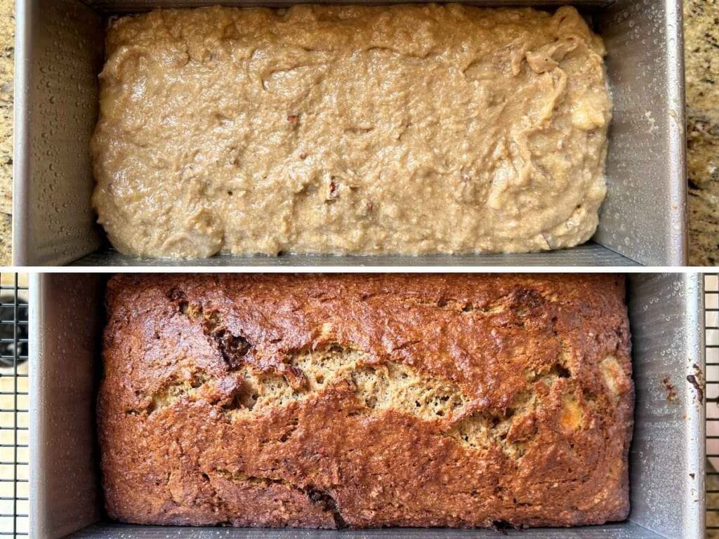 before and after baking pictures of banana bread in a metal pan