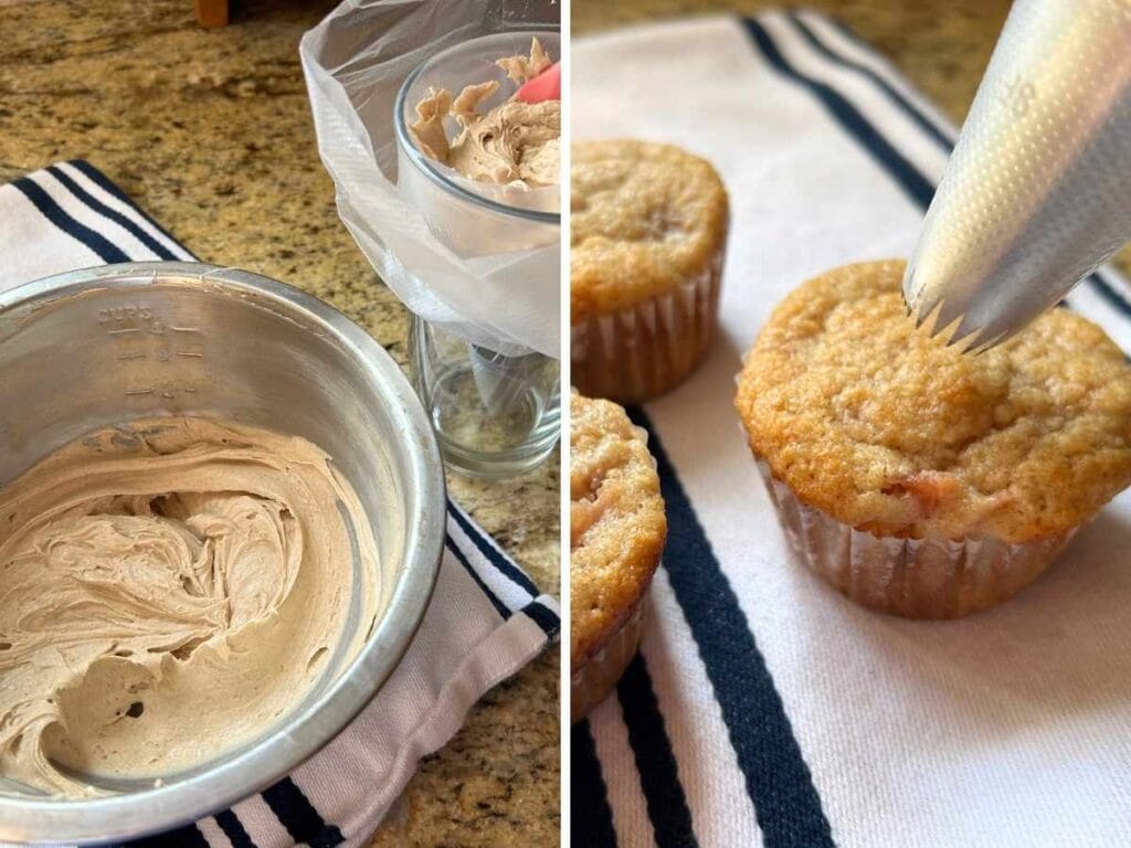 cinnamon cream cheese icing being put into a piping bag, then being piped onto cupcakes
