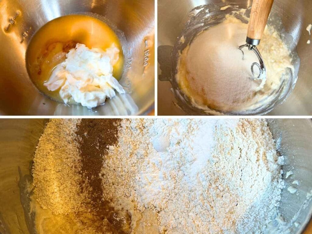 process shots of mixing up apple pie cupcake batter ingredients