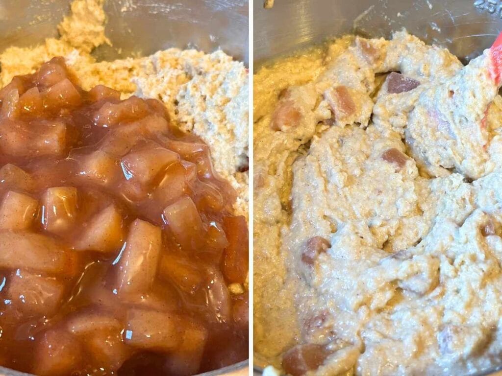 adding diced apple pie filling to cupcake batter
