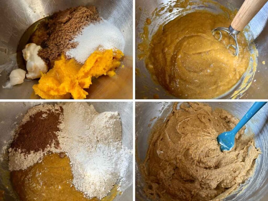 process shots of mixing ingredients for pumpkin bread batter