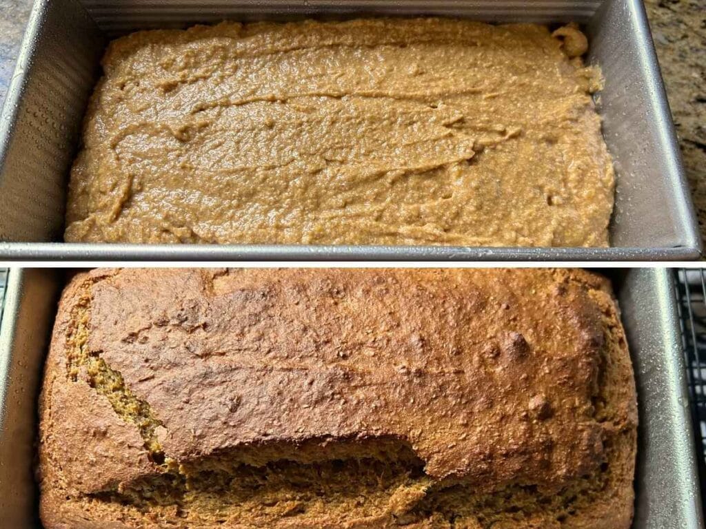 shots of pumpkin bread batter and then a baked loaf of pumpkin bread