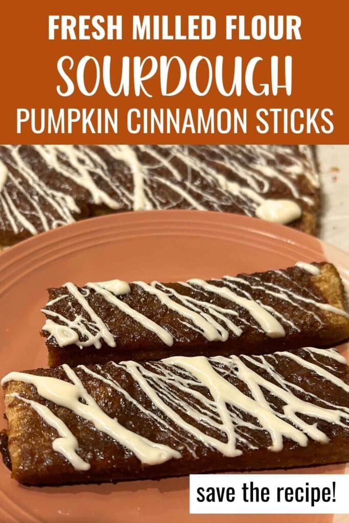 two sourdough pumpkin cinnamon sticks on a plate for a pinterest recipe image