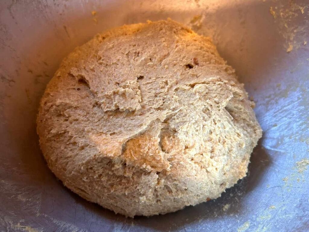 kneaded pumpkin stick dough in a metal bowl