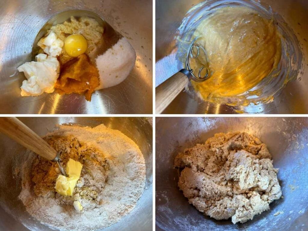 process shots adding ingredients to a mixing bowl for sourdough pumpkin cinnamon stick dough