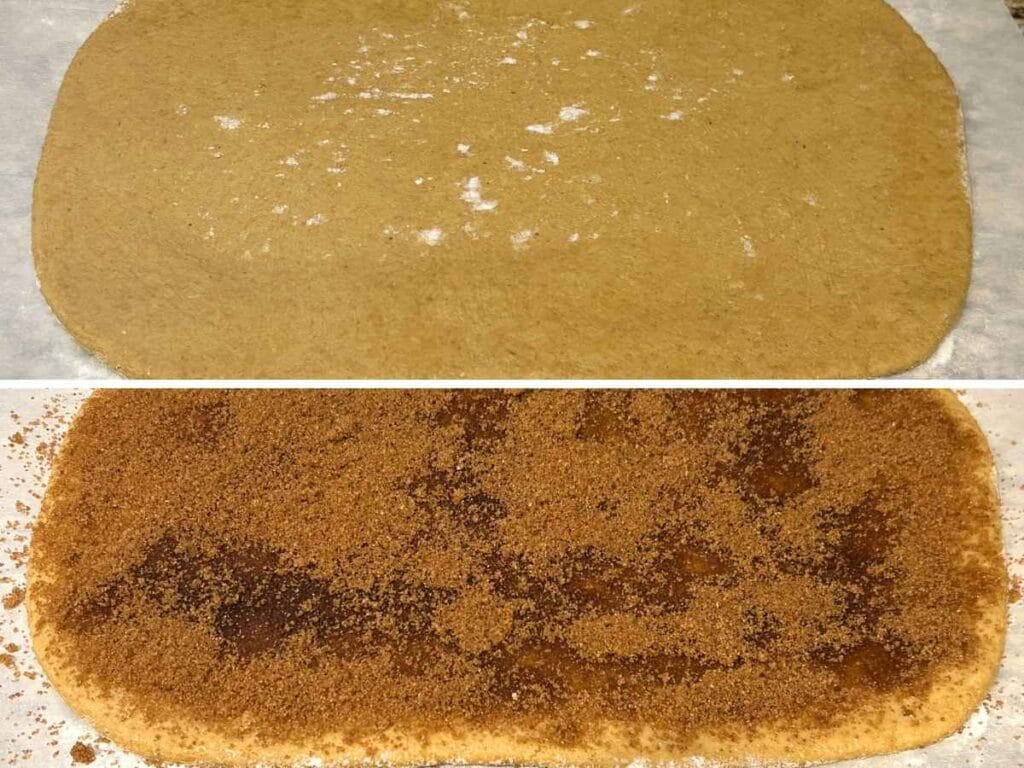 rolled out pumpkin dough on top of an image of the rolled dough topped with a cinnamon sugar mixture