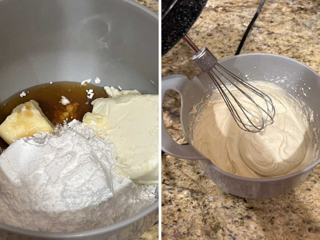 process shots of mixing ingredients for cream cheese icing with a hand mixer