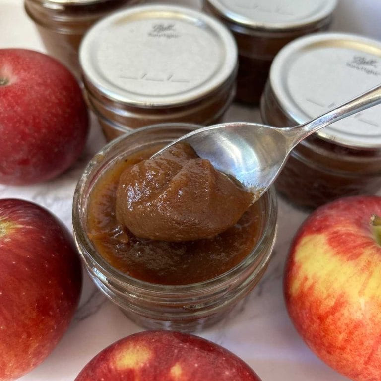 a spoon in a jar of apple butter surrounded by red apples and canned jars