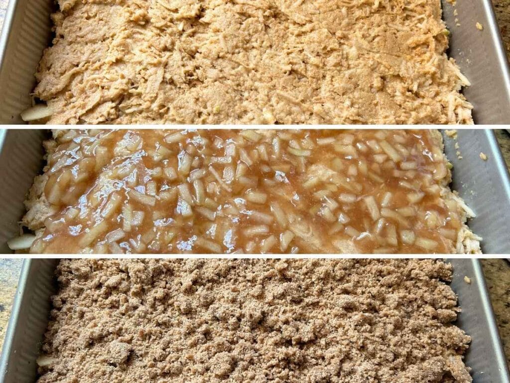 process shots of layering the ingredients in apple pie coffee cake