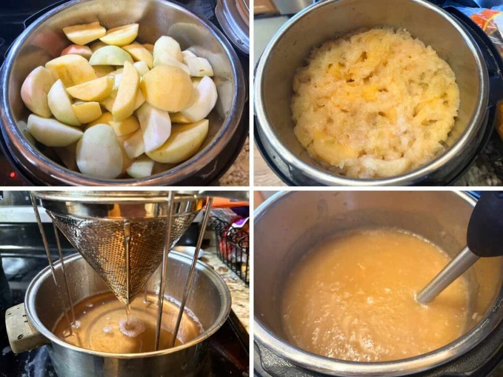 process shots of cooking apples in the Instant Pot, straining, and blending