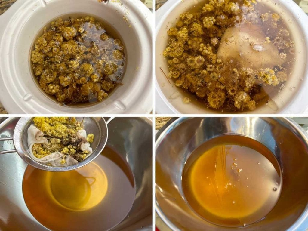 process shots of infusing tallow and oils with helichrysum and then straining