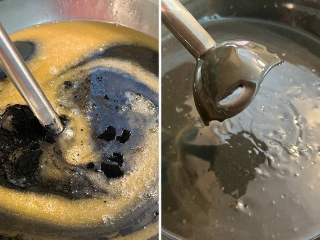 mixing of charcoal soap batter with an immersion blender