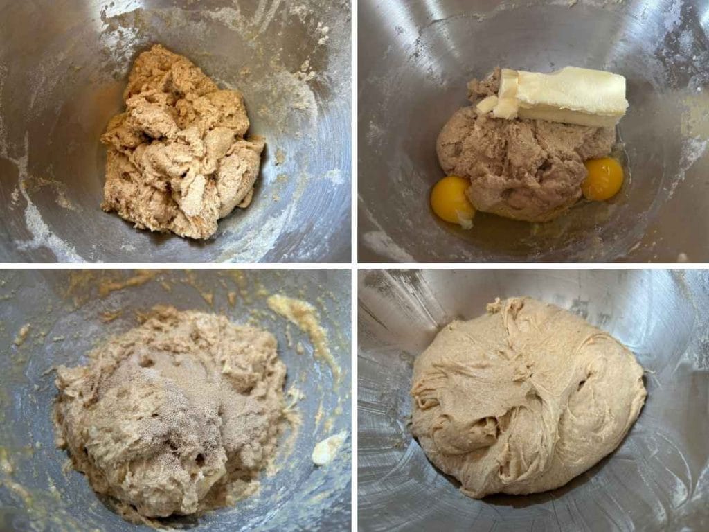process shots of mixing a shaggy dough with eggs, butter, and yeast and after kneading them together