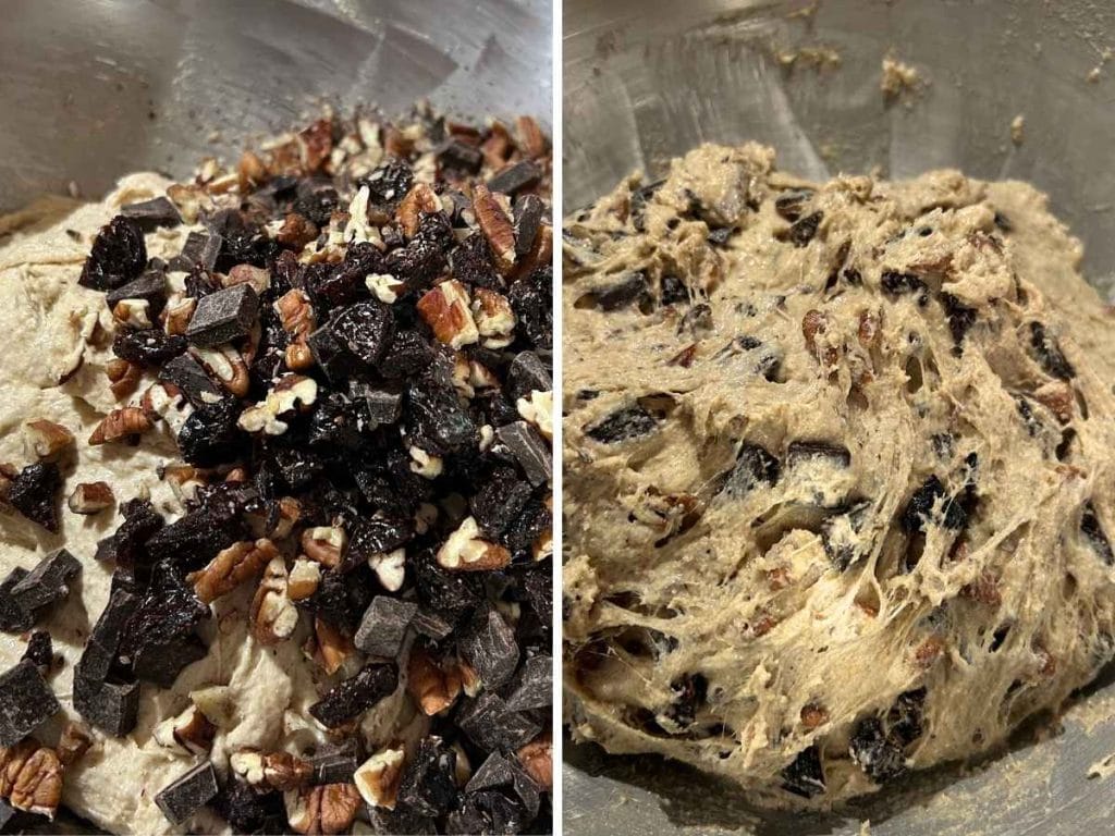 chocolate, cherries, and pecan inclusions kneaded into a dough
