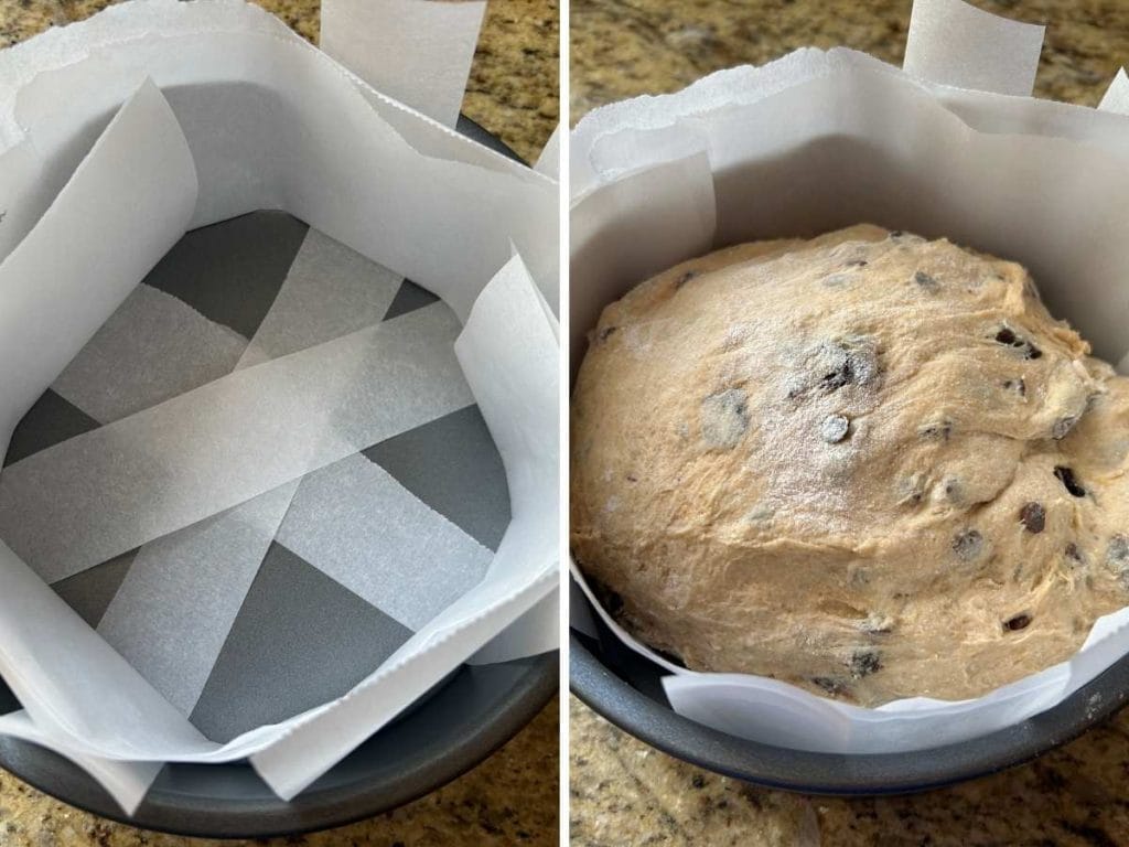 side by side shots showing the parchment paper in a pan and the dough tucked into it