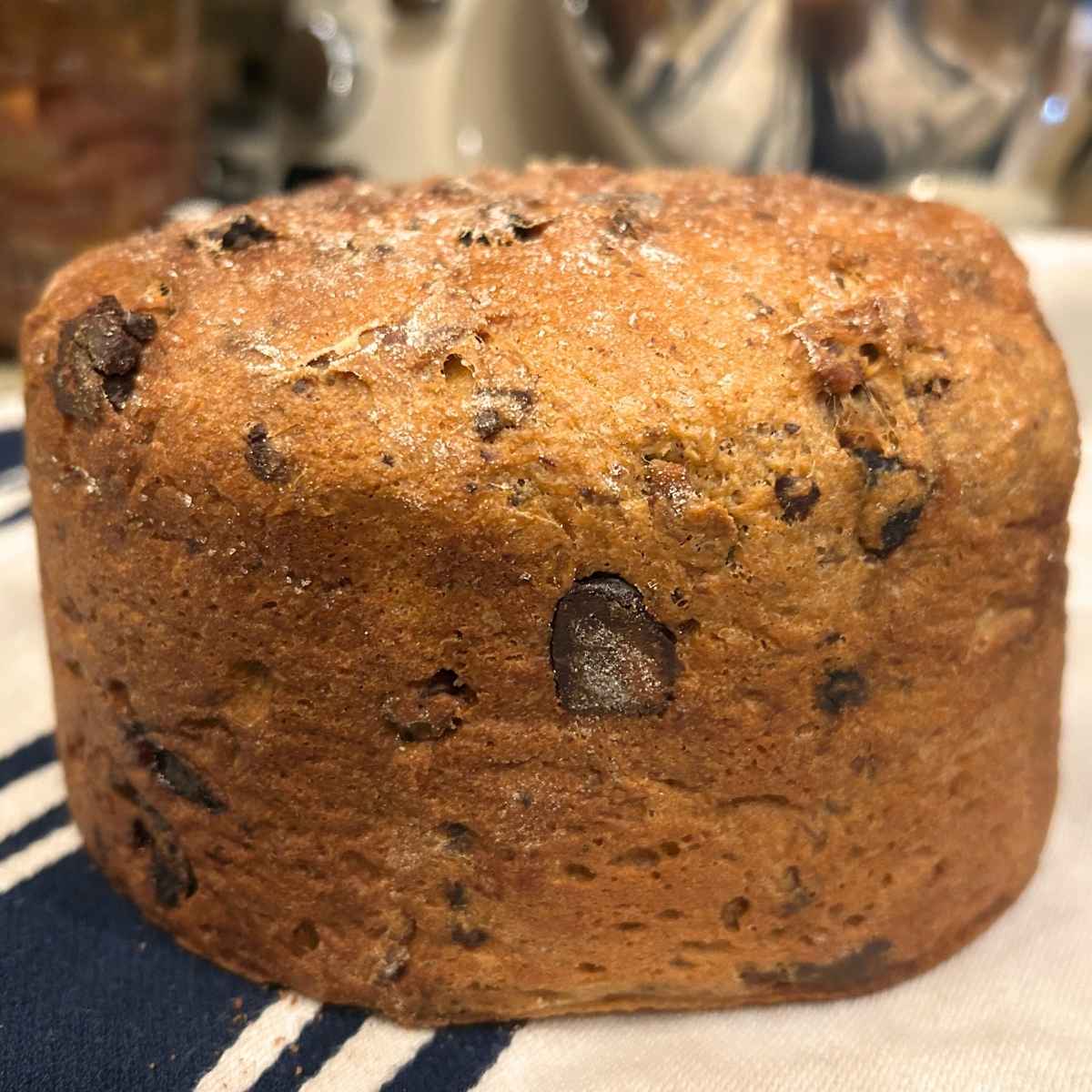 close up of a baked cherry chocolate panettone loaf