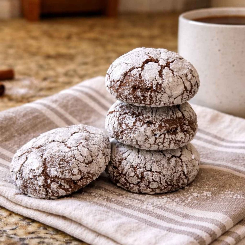 three sourdough chocolate crinkle cookies stacked on top of a kitchen towel with a mug of coffee in the background