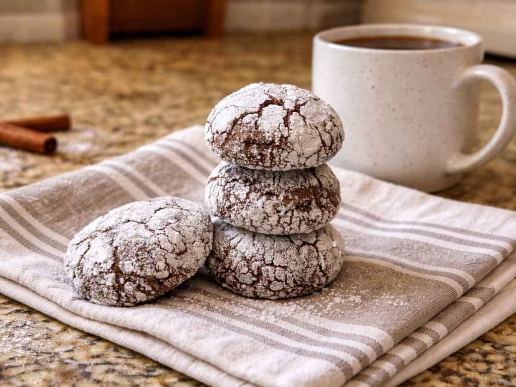 three sourdough chocolate crinkle cookies stacked on top of a kitchen towel with a mug of coffee in the background