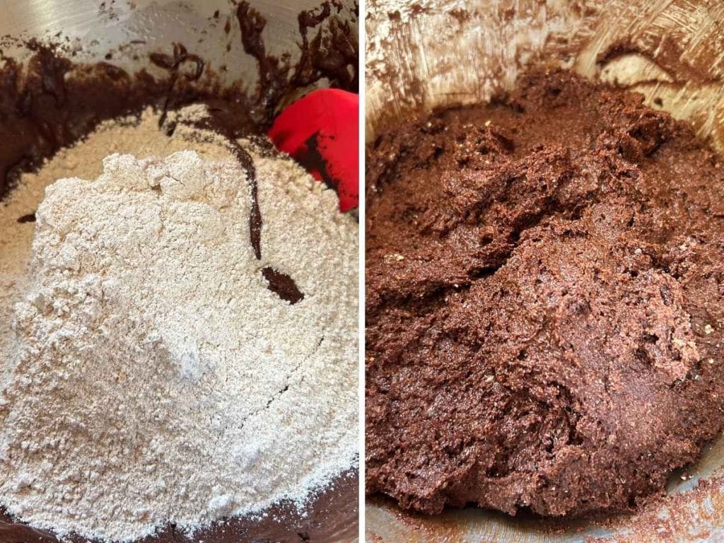 process shots of adding flour to cookie dough and once it is fully mixed
