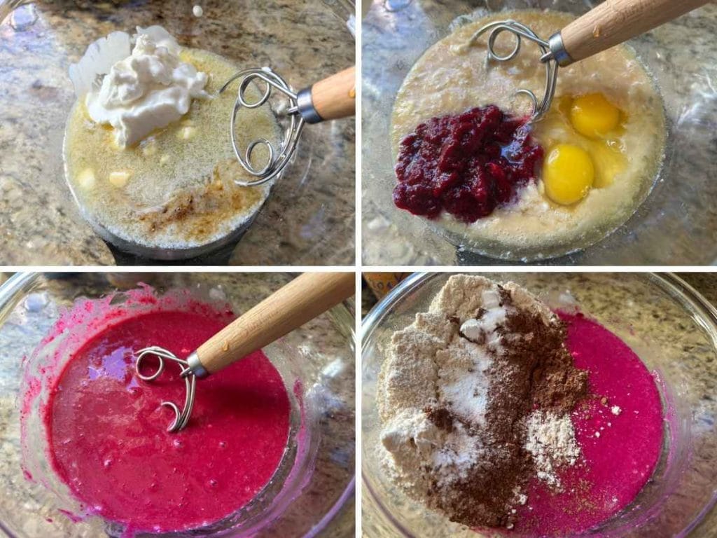 process shots of mixing up a pink muffin batter using roasted beets, cocoa powder, flour, and eggs