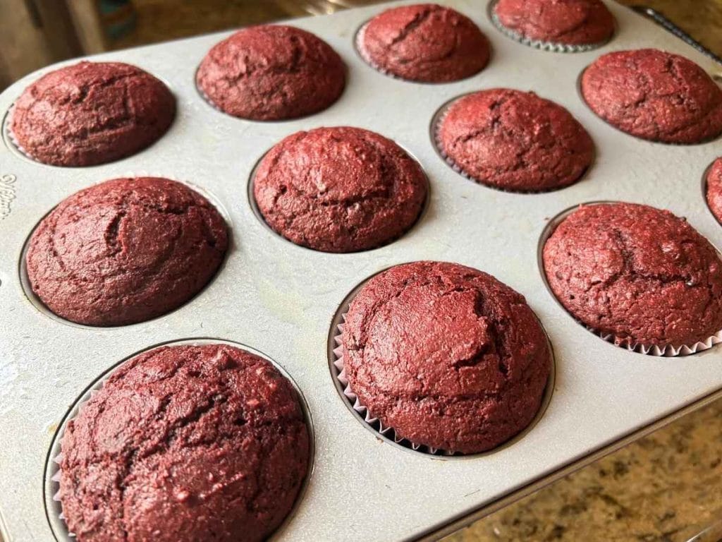 baked chocolate beet muffins still in the muffin pan