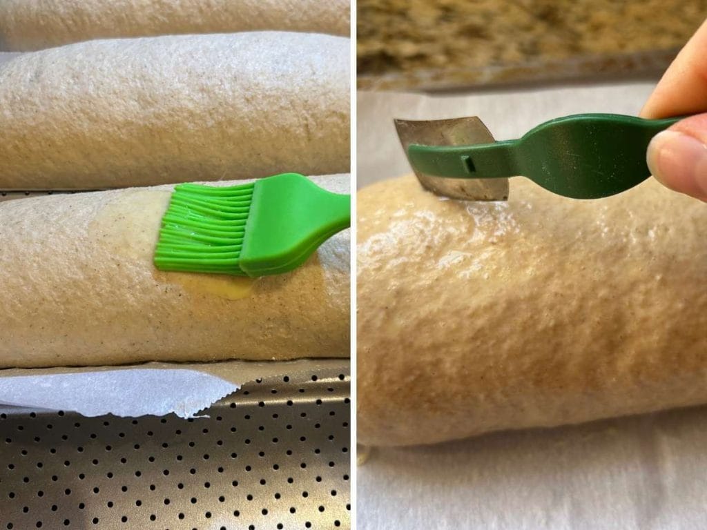 process showing brushing eggwash onto bread and then scoring with a lame