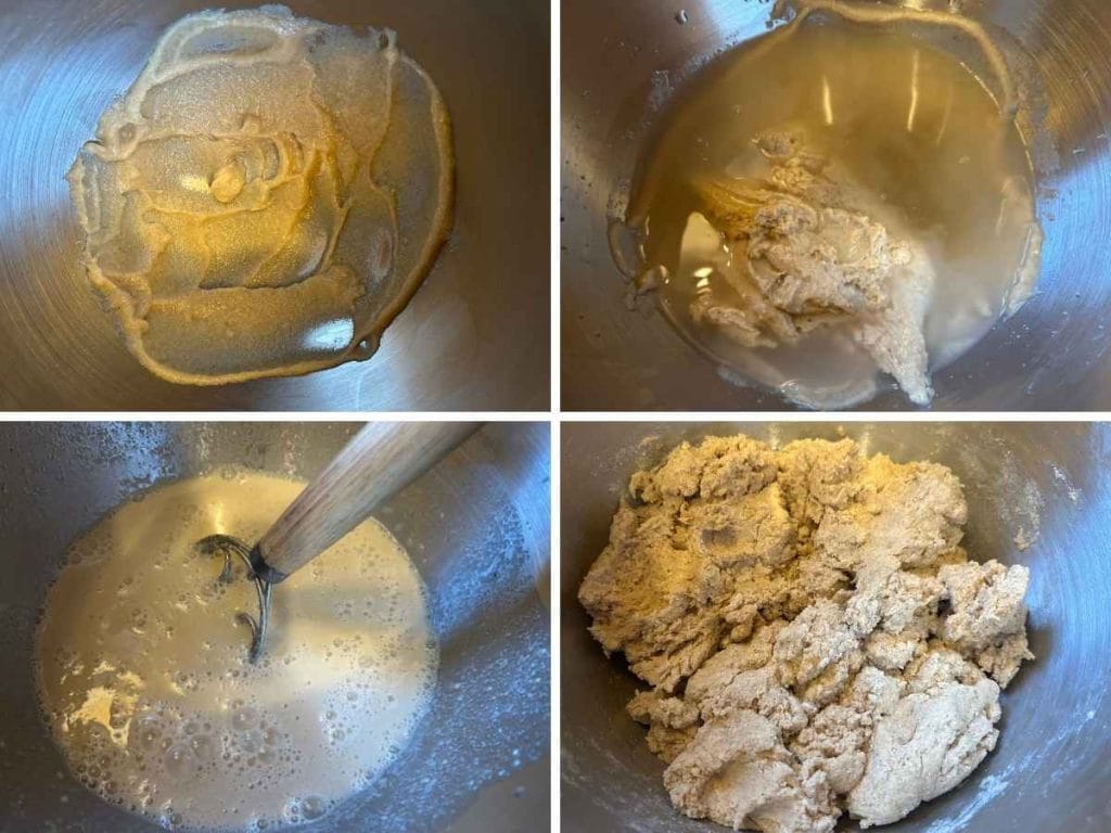 process shots showing tangzhong and sourdough being mixed with water and flour into a shaggy dough